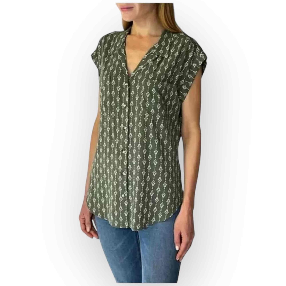 Jachs Girlfriend Women’s Button Front Blouse, Green Geo Print, Size Small 575S